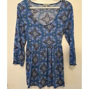 Vintage Suzie Blue Floral Babydoll Top Made USA Long Sleeve Size L